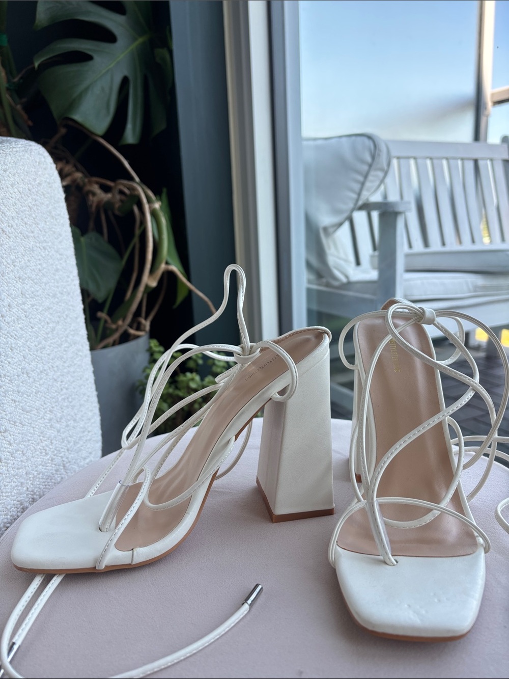PrettyLittleThing White Lace-Up Square Toe Block Heels